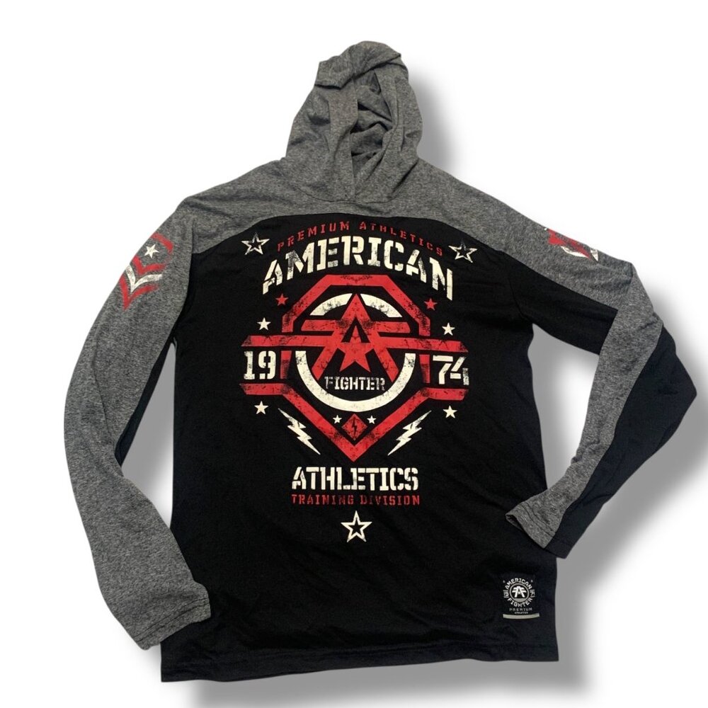 American Fighter Mens L Black & Gray Hooded Long‎ Sleeve Athletic Shirt MMACore